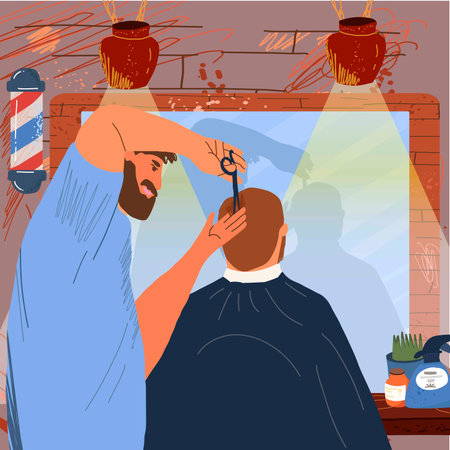 Hairdressers and male clients in a barbershop. Hairdressers and male clients in a men's beauty salon. Performing haircut, hairstyles, hair care, beard care. Flat graphics vector illustration isolated.のイラスト素材