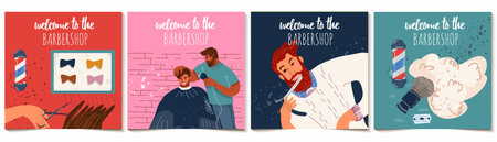 Set of square cards, invitations, coupons, flyers with barbershop equipment, customers and barbers, beard shaving, hair cutting, barbershop atmosphere. flat illustration.のイラスト素材