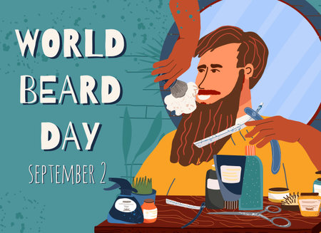 Poster for international world beard day in September or for barber shop. Stylized beard man. Barbers and male client in barbershop. Hairdressers and male clients.のイラスト素材