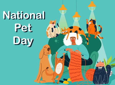 National Pet Day banner, background. Pets Day Wishes, Domestic Vector Templates Design, Dog, Cat. Home interior with pets, hobby.のイラスト素材