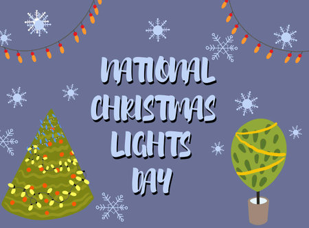 National Christmas Lights Day. December 1. Flat design vector. Winter houses, garlands, snowflakes, trees.のイラスト素材
