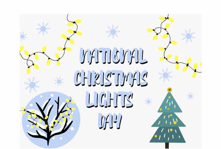 National Christmas Lights Day. December 1. Flat design vector. Winter houses, garlands, snowflakes, trees.のイラスト素材