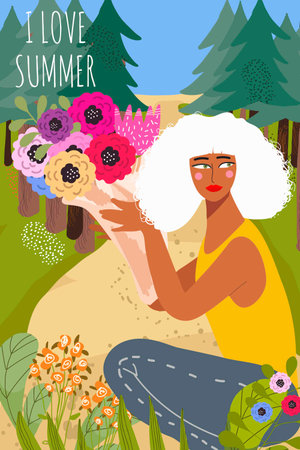 Postcard with image of a girl, woman on summer vacation in nature, walking in the woods, forest, enjoying the moment. Vertical postcard with a happy woman in nature. Vector hand drawn poster.のイラスト素材