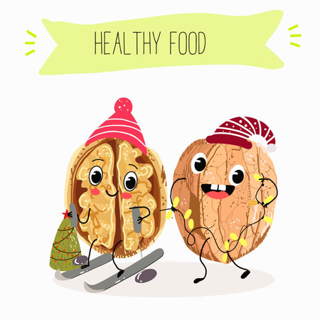 Cute cartoon nut, walnut characters with different activities. Flat vector illustration, funny nuts. Organic food.のイラスト素材