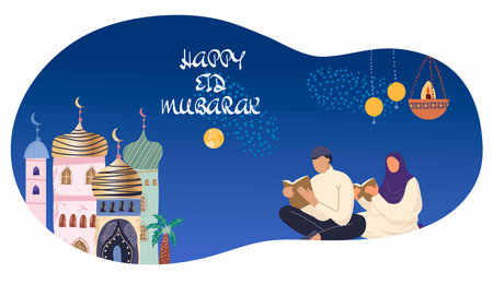 Ramadan Karim, Eid mubarak, greeting card and horizontal banner Islamic holiday background. Hand drawn vector illustration.のイラスト素材