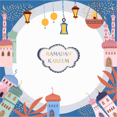 Ramadan Karim, Eid Mubarak, Islamic holiday, Ramadan Karim Arabic ornament. Ramadan template for wallpaper design. Background, circle, place for text, frame, border, backdrop.のイラスト素材