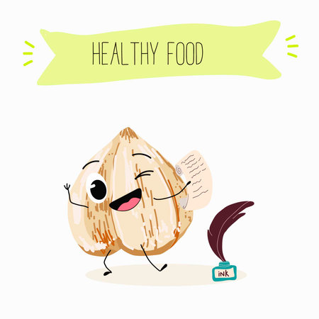 Cute characters hazelnuts with different activities. Flat vector illustration, funny nuts, funny beans. Smiling mascot for kids menu decoration.のイラスト素材