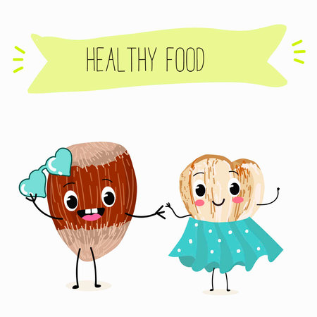 Cute characters hazelnuts with different activities. Flat vector illustration, funny nuts, funny beans. Smiling mascot for kids menu decoration.のイラスト素材