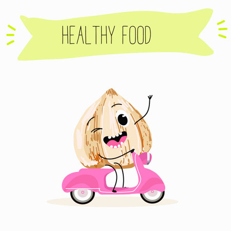 Cute characters hazelnuts with different activities. Flat vector illustration, funny nuts, funny beans. Smiling mascot for kids menu decoration.のイラスト素材