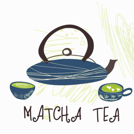 Matcha green tea, supplies, cards, invitation. Various matcha tea products. Japanese tea culture. Hand drawn vector illustration.のイラスト素材