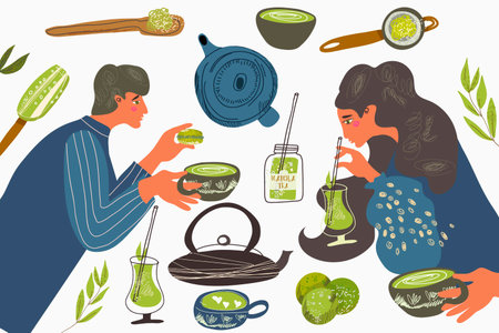 Set of vector illustrations Matcha tea, a healthy drink matcha latte. Various matcha tea products. Japanese tea culture. Hand drawn vector color fashion illustration.のイラスト素材