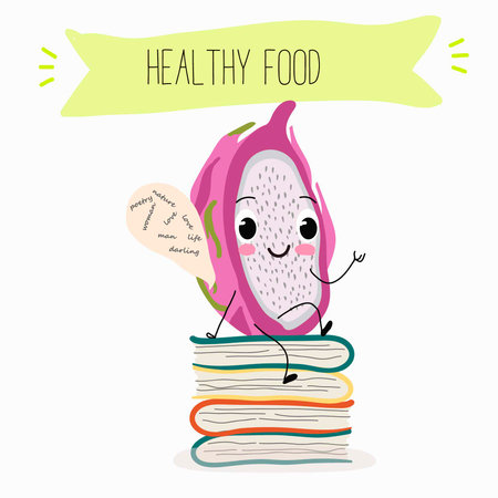 Cute characters pitaya, dragon fruit, pitahaya with different activities. Flat vector illustration, funny fruits. Smiling mascot for kids menu decoration.のイラスト素材