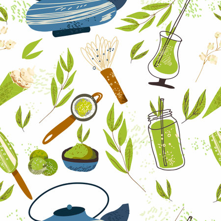 Seamless pattern with green matcha food, drinks, leaves, teapot, tools, mugs, cups. Endless repeatable Japanese texture with healthy organic products, people hands. Color vector pattern for printing.のイラスト素材