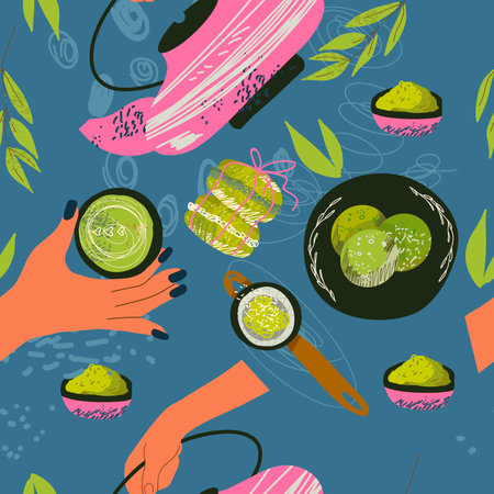 Seamless pattern with green matcha food, drinks, leaves, teapot, tools, mugs, cups. Endless repeatable Japanese texture with healthy organic products, people hands. Color vector pattern for printing.のイラスト素材