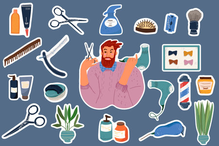 Set of vector flat illustrations, stickers, atmosphere of barbershop, barbering supplies, tools, client and barber in the process of haircutting and beard care, communication, rest, people.のイラスト素材