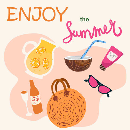 Cocktail, lemonade, wine, glasses, protective cream, hand drawn, color flat vector illustration isolated on white background. Enjoy summer lettering.のイラスト素材