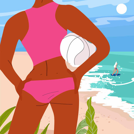 Happy black woman in bikini standing behind with ball, admiring the seascape. Young girl enjoying summer vacation, happy on the beach. Woman in swimsuit. Flat vector illustration isolated.のイラスト素材