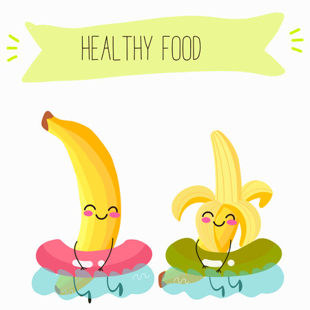 Cute characters bananas, funny fruits, characters with different activities. Flat vector illustration. Organic food, healthy food, illustrations for kids menu, invitations.のイラスト素材