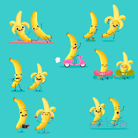 Cute bananas fruit characters set, collection. Flat vector illustration. Activities, playing musical instruments, sports, funny fruits.のイラスト素材