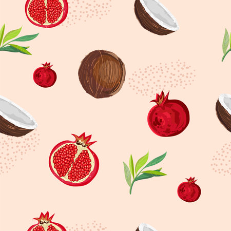 Summer vector seamless pattern, pomegranate and coconut. Colored flat vector illustration isolated on beige backgroundのイラスト素材