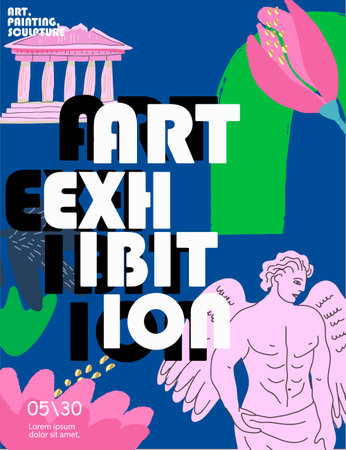 Posters for exhibitions of art, sculpture, nature and ecology. Vector illustrations of sculpture, stains, abstraction, paint for background, flyer or card. Exhibition, festival of contemporary art.のイラスト素材