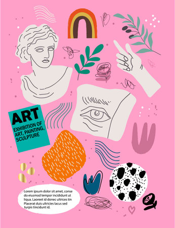 Abstract vector art posters, flyer, invitations for an art exhibition: music, literature or painting. Shapes, portraits of people, hands, spots and textures for backgrounds.のイラスト素材