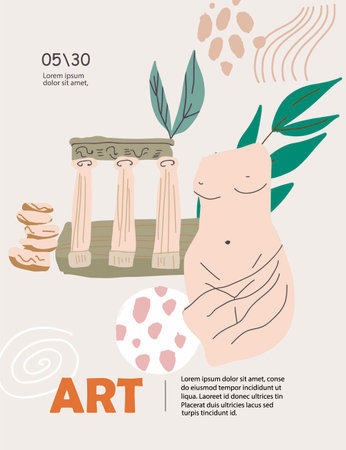 Art poster for the exhibition, magazine or cover, vector template with sculpture art, antique statues, modern ancient Greek or Roman style.のイラスト素材