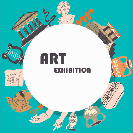 Antique Exhibition background, frame, backdrop, layout about modern museum with antique ruins and Greek sculptures for event invitation, magazine or cover. Vector set of modern antique illustart.のイラスト素材
