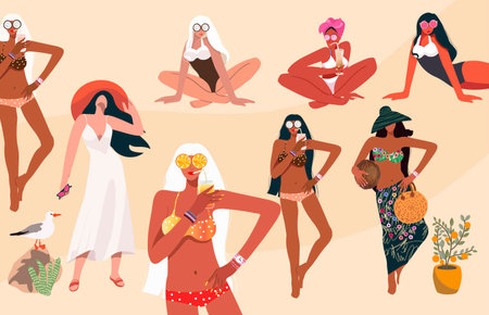 Summer bright set of vacationing and relaxing, happy girls on vacation by the sea, in bikini, dress, pareo, with cocktail, with hat, on the beach, summer vibes, vacation mood. Vector, isolated.のイラスト素材