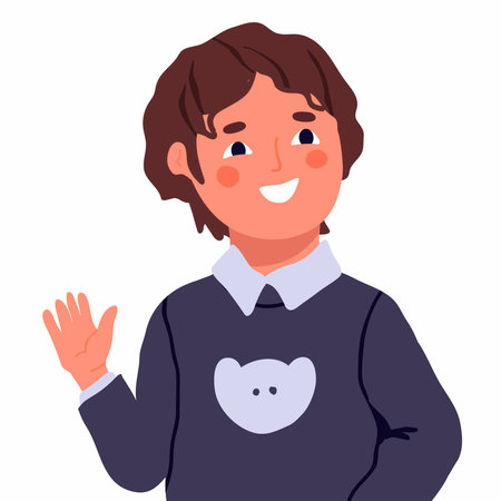 Excited boy waving hi, greeting with hand. Cute happy kid character, friendly gesture. Cheerful joyful child, raised arm. Flat vector illustration isolated on white backgroundのイラスト素材