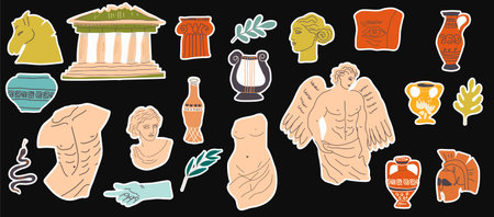 Ancient, Greek element set. Various Antique statues. Branch olive, amphora, column, angel. Heads of woman, snake, Classic Antique items in modern style. Contemporary arts.のイラスト素材