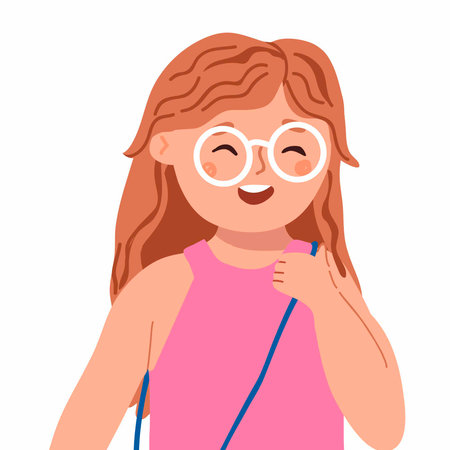 Cute happy preschooler, with loose hair, wearing glasses. Smiling friendly child in pink dress. Flat vector illustration on white backgroundのイラスト素材