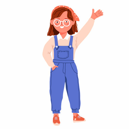 Cute happy preschooler waving, Smiling friendly child, in overalls, glasses and a headscarf. Flat vector illustration on white background.のイラスト素材