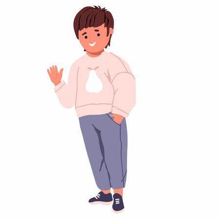 Cute happy preschooler waving, Smiling friendly child. Flat vector illustration on white background.のイラスト素材