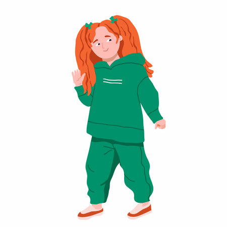 Cute happy preschooler waving, Smiling friendly child, redheaded girl with two ponytails. Flat vector illustration on white background.のイラスト素材