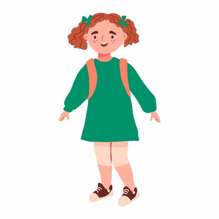 Cute little girl character, facial portrait. Adorable preschooler talking, having a conversation. Cute smiling preschool child with backpack. Flat vector illustration on white backgroundのイラスト素材