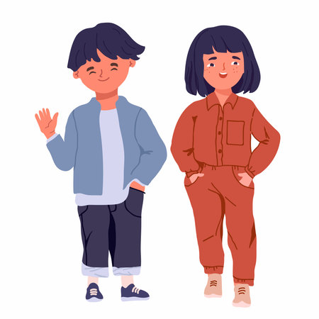 Cute happy Asian school kids girl and boy, friendly, preschoolers. Greetings Flat vector illustration on white backgroundのイラスト素材