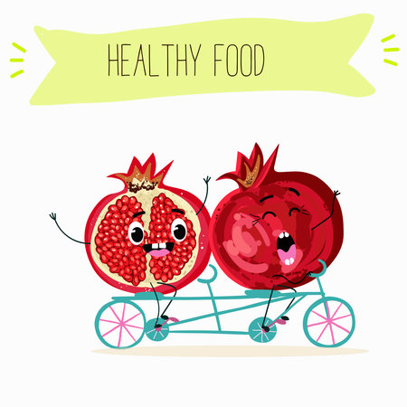 Cute garnet, pomegranate characters, funny fruits, characters with different activities. Flat vector illustration. Organic food, healthy food, illustrations for kids menu, invitations.のイラスト素材