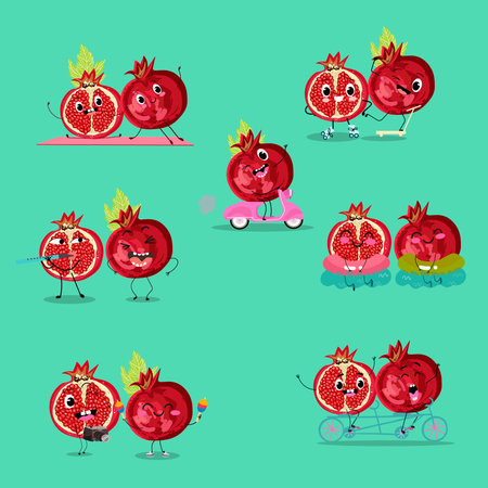 Cute garnet, pomegranate fruit characters set, collection. Flat vector illustration. Activities, playing musical instruments, sports, funny fruits.のイラスト素材