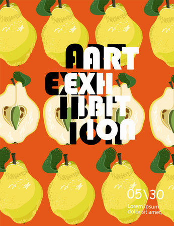 Posters for an exhibition, festival of abstract art: music, literature or painting, with fruit, cherry plum, pear. Vector illustration in hand drawn style. Background for flyer, advertisement, poster.のイラスト素材