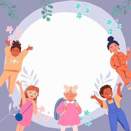 Background, round with a group of happy children. Cute diverse cheerful children celebrating, waving, greeting. Joyful excited kindergarten friends, little girls and boys. Flat, vector.のイラスト素材