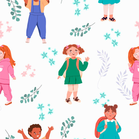 Background, round with a group of happy children. Cute diverse cheerful children celebrating, waving, greeting. Joyful excited kindergarten friends, little girls and boys. Flat, vector.のイラスト素材