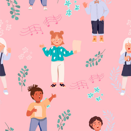 Seamless pattern with a group of happy singing children. Cute children of different races singing a song together. Preschool children singing in a choir.のイラスト素材