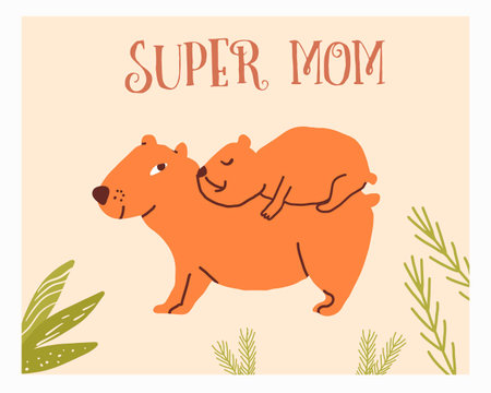 Cute capybara family. Funny mom and baby capybara. Happy capybaras, mom and baby. Mother's day greeting card design with capybaras. Flat vector illustration on white background.のイラスト素材