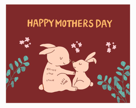 Mother's day, greeting card design with bunny mom, rabbit and baby, cub. Festive greeting card background, cute family of hares, rabbits, happy wild mom and baby mammal. Flat vector illustrationのイラスト素材