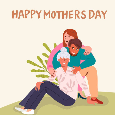 Happy Mother day, greeting card design. Old senior gray-haired mom and adult children, grownups. Family, elderly mommy, son and daughter, sweet international holiday postcard. Flat vector illustrationのイラスト素材