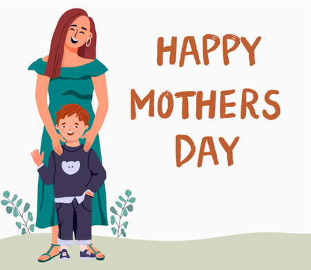 Happy mom and son schoolboy, preschooler. Happy mother's day. Positive joyful female parent and joyful young child standing together, mother's protection, mother's hands on child's shoulders.のイラスト素材