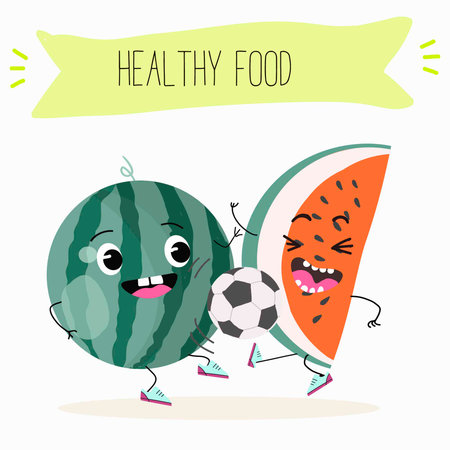 Cute watermelon characters, funny fruits, funny berries with different activities. Flat vector illustration. Organic food, healthy food, illustrations for kids menu, invitations.のイラスト素材