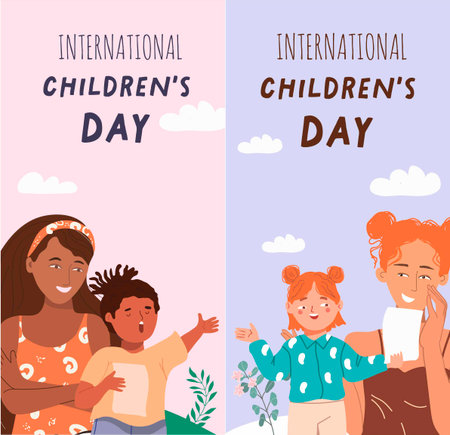Vertical banner International Children's Day. Mom with son, mom with daughter, singing children, talented children, joy of family. Vector hand drawing.のイラスト素材