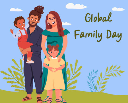 Happy Global Family Day Celebration Vector Template Design Illustration. A family with two children, a girl and a boy, with their parents having fun together.のイラスト素材
